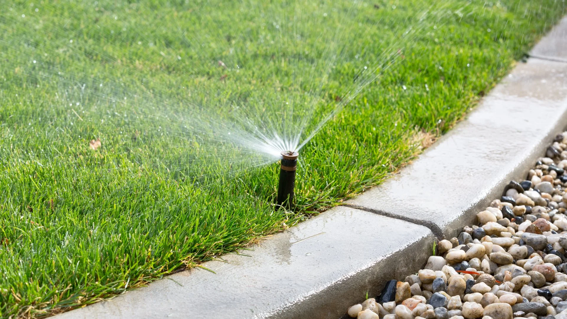 Sprinkler near a curb spraying water on a lush green lawn in Charlotte, NC.