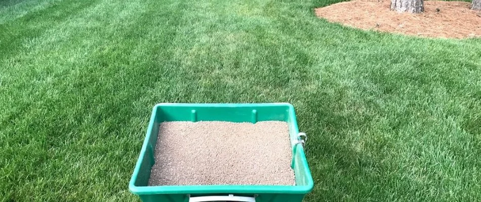 Fertilizer in a spreader on a property in North Carolina.