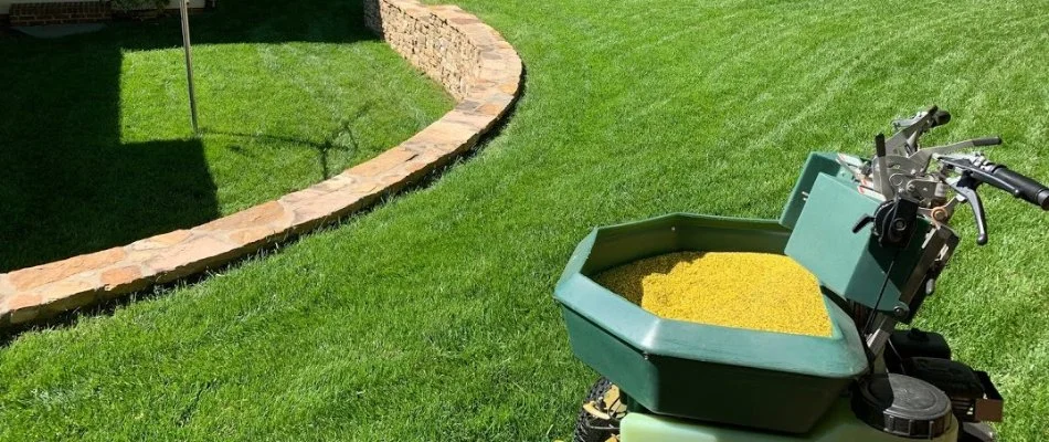 Fertilizer spreader on a lawn in Charlotte, NC.