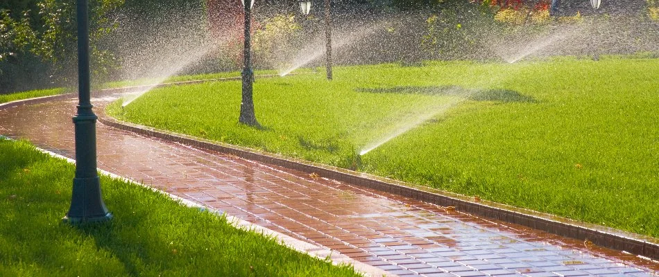 A lawn and brick walkway with an irrigation system. 