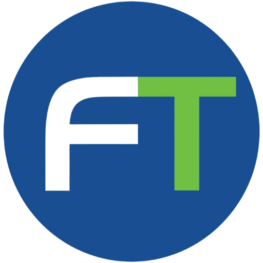 FineTurf Lawn Care logo featuring the letters "FT" in white and green on a blue circular background, representing professional lawn care services in Charlotte.