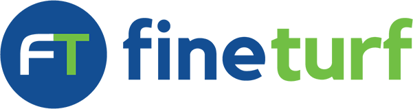 FineTurf Lawn Care logo featuring blue and green colors, representing lawn care services and brand identity.