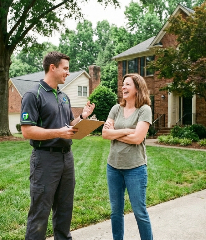 Lawn care professional discussing services with a smiling woman in a residential yard, showcasing FineTurf's customer engagement and lawn care expertise.