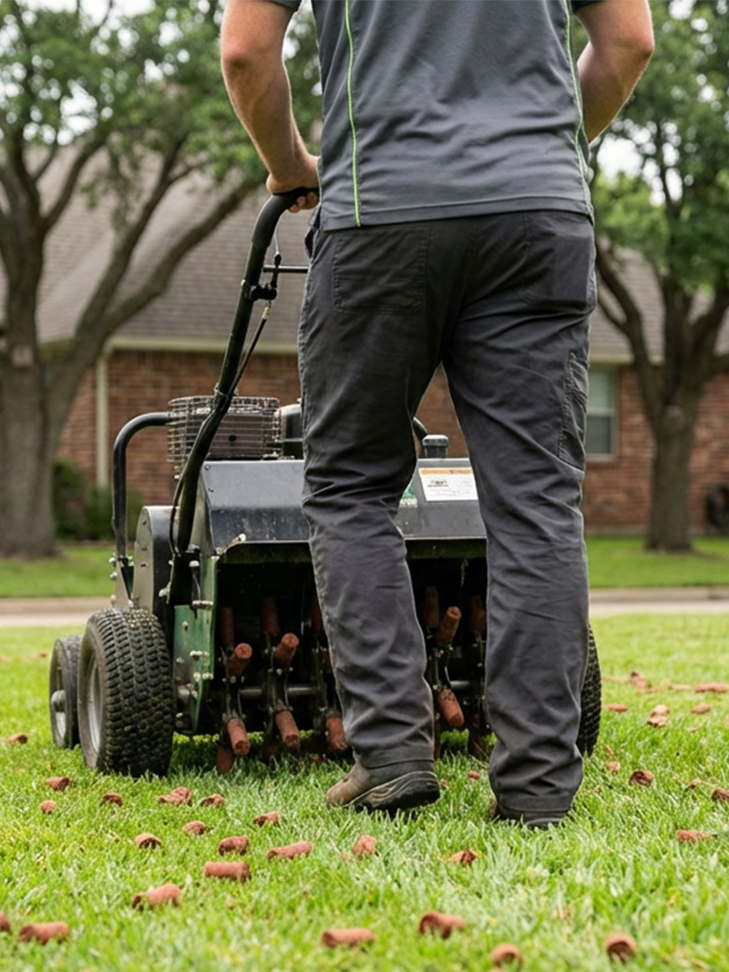 Lawn care professional operating core aeration machine, creating soil plugs for improved air, water, and nutrient access in grass, with focus on enhancing lawn health.