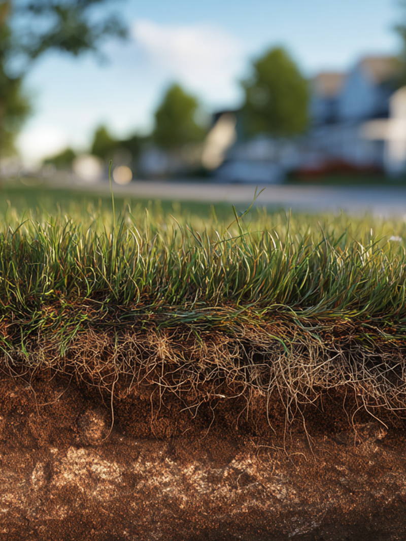 Cross-section of healthy grass and soil, showcasing deep roots and compacted clay soil, emphasizing the importance of aeration for nutrient absorption in lawn care.