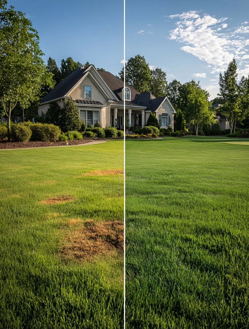 Lawn transformation showcasing disease-affected patches on the left and healthy, lush grass on the right, emphasizing FineTurf's effective disease control program.