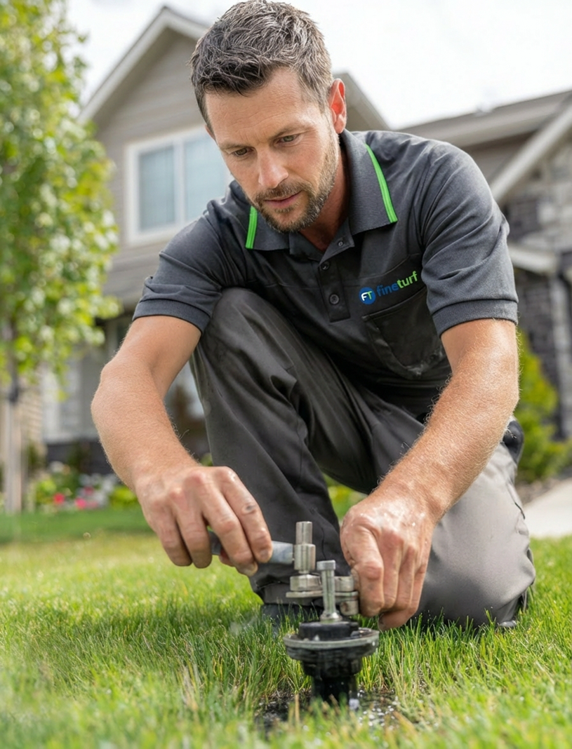 Technician servicing an irrigation system, adjusting a sprinkler head in a residential lawn, emphasizing seasonal maintenance for efficient irrigation management.