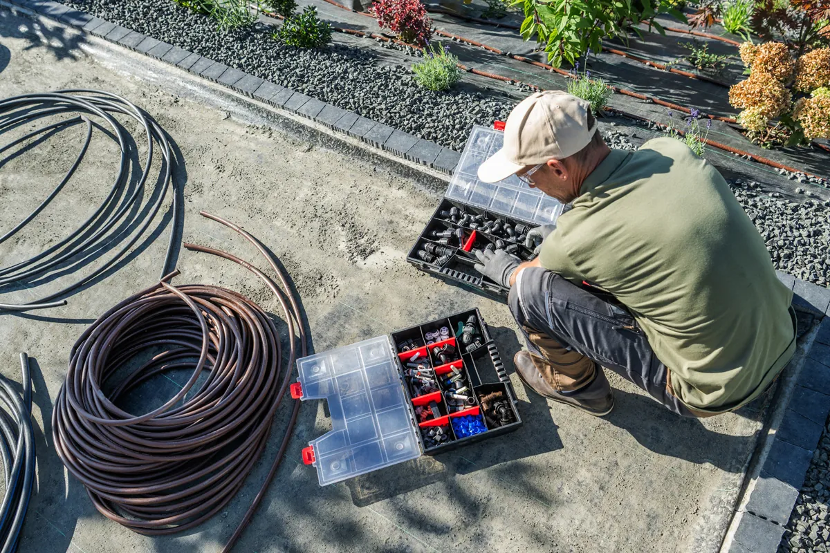Irrigation System Maintenance in Charlotte Irrigation technician servicing sprinkler system components and tubing during a maintenance visit in Charlotte NC