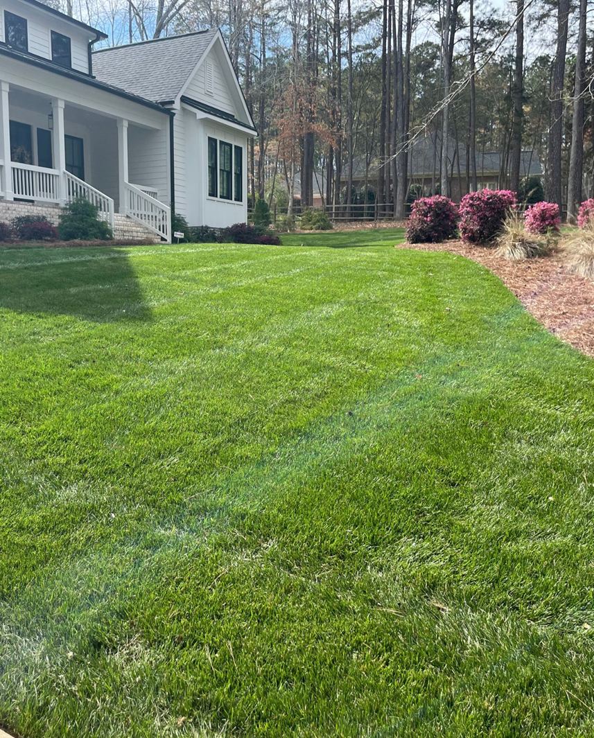 Lush green lawn in front of a modern home, showcasing healthy grass and well-maintained landscaping, emphasizing effective irrigation management and seasonal care by FineTurf Lawn Care.