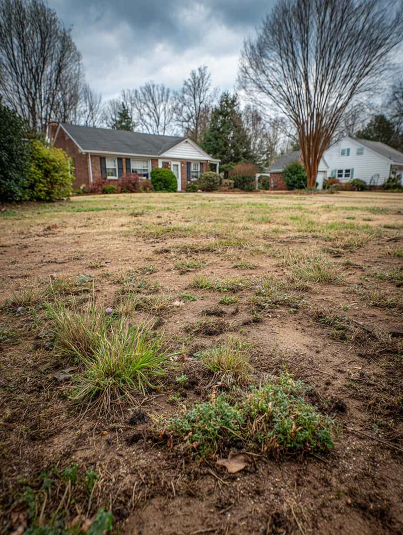 Lawn in poor condition with sparse grass and bare soil, illustrating the need for FineTurf's lawn renovation services in Charlotte, NC.