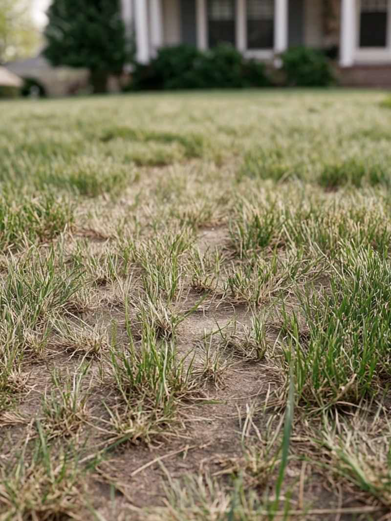 Thin, patchy lawn with bare soil and sparse grass, illustrating the need for overseeding to restore healthy turf in Charlotte, NC.