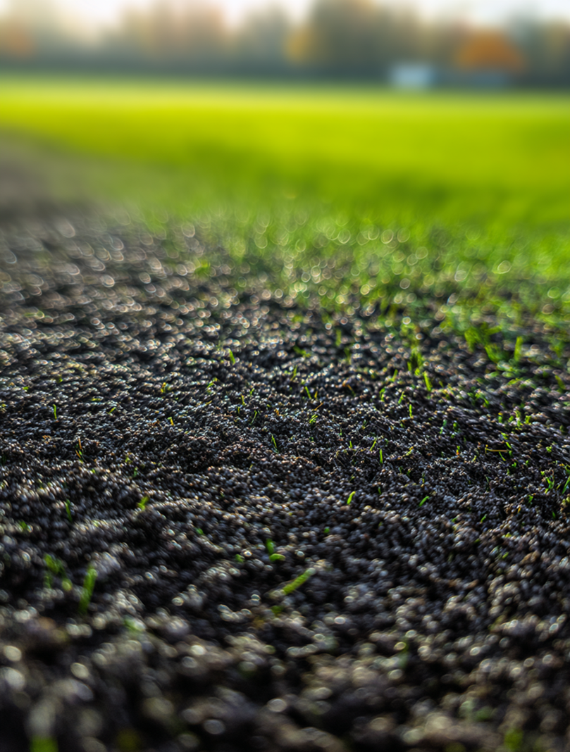 Topdressing layer of compost and sand mix with emerging grass blades, enhancing soil structure and drainage for healthier lawns.