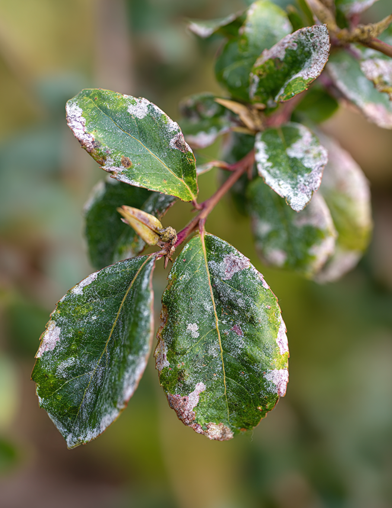 Leaves affected by powdery mildew, showing white fungal growth, indicating plant disease in ornamental shrubs.