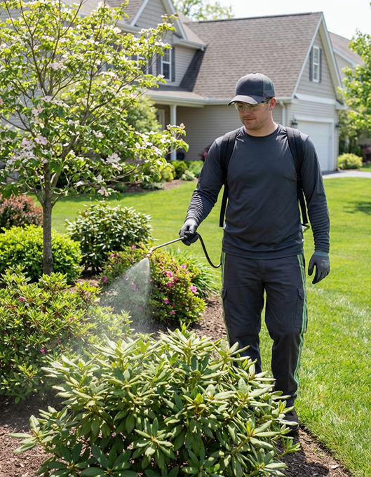 Lawn care professional applying fungicide treatment to ornamental shrubs for disease prevention in residential landscape.