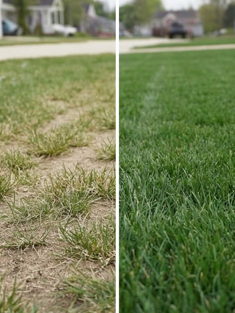 Before and after overseeding results showing lawn transformation