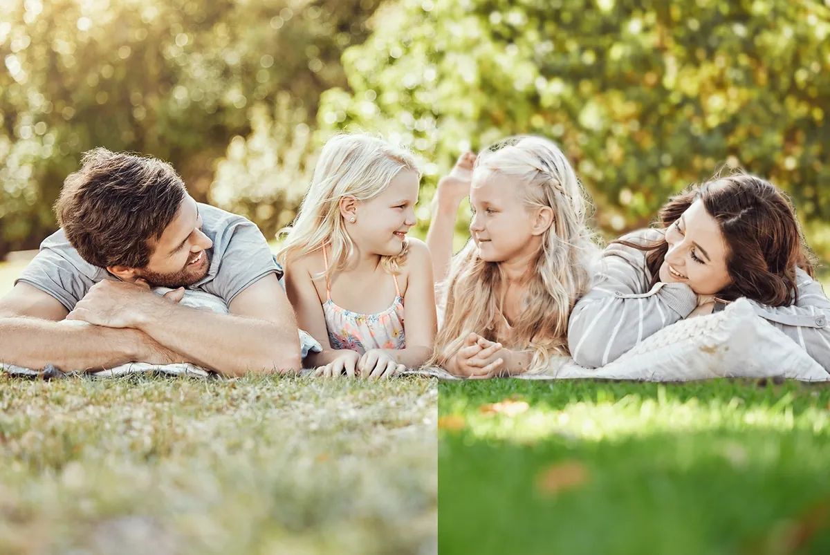 Family relaxing on a healthy green lawn in Charlotte NC cared for by FineTurf